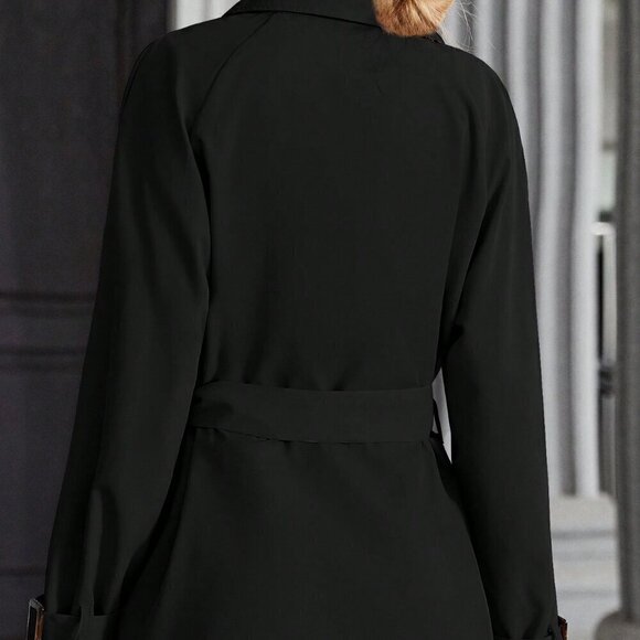 Black Casual Women's Raglan Sleeve Double Breasted Belted Trench Coat - Picture 2 of 4